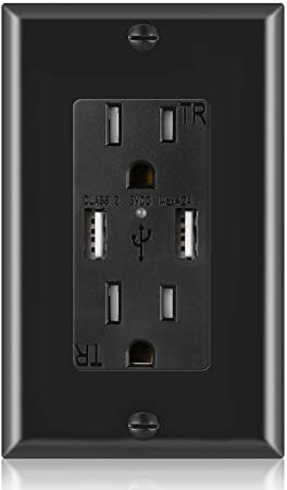 [1 Pack] USB Outlet, USB Charger Wall Outlet Dual High Speed 4.2 Amp USB Ports with Smart Chip,15A/125V TR Tamper Resistant Receptacle Electrical Outlet, Wall Plate Included,ETL Listed, Black