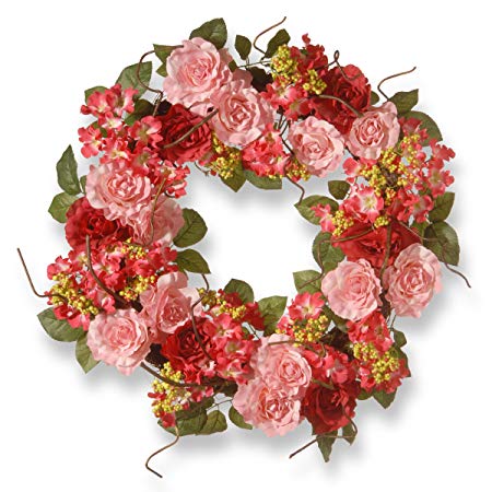 National Tree 24 Inch Pink Mix Wreath with Roses, Pink Flowers and Berries (RAS-15546W24P)