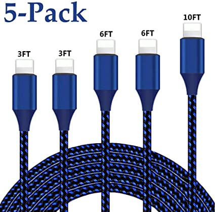 iPhone Charger, MFi Certified Lightning Cable 5 Pack (3/3/6/6/10FT) Nylon Braided Charging Compatible with iPhone 11/Pro/Max/X/XS/XR/XS Max/8/Plus/7/7 Plus/6/6S/6 Plus and More