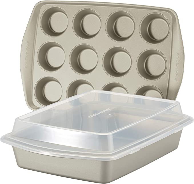 Rachael Ray 47681 Nonstick Bakeware Set without Grips  includes Nonstick Baking Pan with Lid and Muffin Pan / Cupcake Pan - 3 Piece, Silver