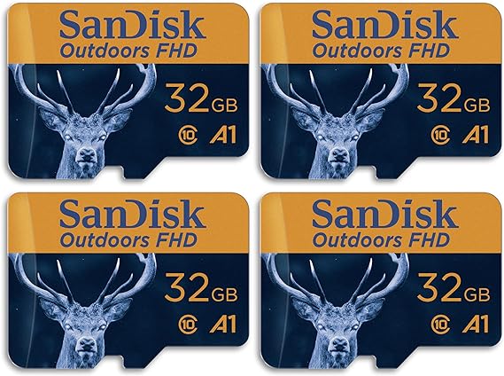 SanDisk 32GB 4-Pack Outdoors FHD microSDHC UHS-I Memory Card with SD Adapter (4x32GB) - Up to 100MB/s, Full HD, C10, A1, Trail Camera Micro SD Card - SDSQUNR-032G-GN4VV