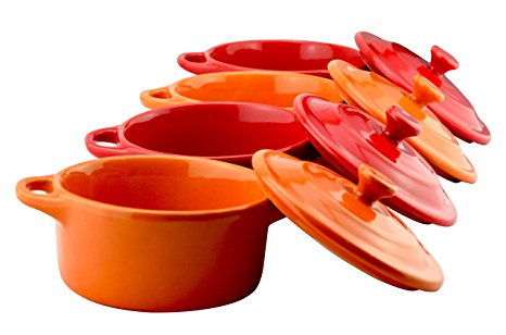 Lifver 7oz Ceramic Soufflé Dish/Mini Casserole/Ramekins, Dip Bowls-4 Packs, Cherry Red & Orange, Round.
