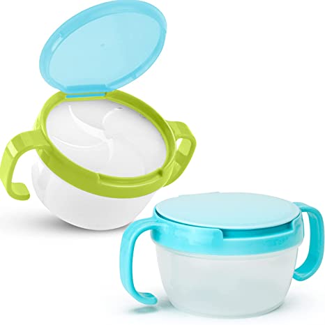 Snack Catcher, 2 Pack, Snack Container for Kids Toddlers and Baby with Removable Food Trap (Blue & Green)