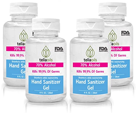 Hand sanitizer Gel 70% Alcohol 8 FL oz by Teliaoils (Pack of 4)