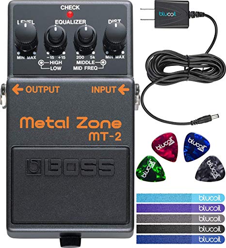 Boss MT-2 Metal Zone Distortion Guitar Pedal Bundle with Blucoil Slim 9V Power Supply AC Adapter, 4-Pack of Celluloid Guitar Picks and 5-Pack of Blucoil Reusable Cable Ties