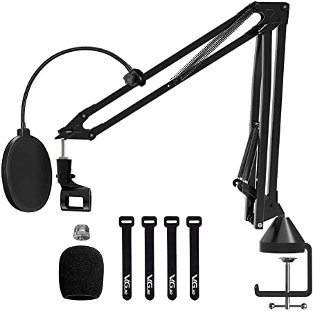 Microphone Boom Arm, VeGue Upgraded Suspension Boom Scissor Mic Stand with Mic Clip, 3/8" to 5/8" Adapter, Pop Filter, Heavy Duty Clamp for Blue Yeti Snowball Ice Nano and Other Mics(VA-20)