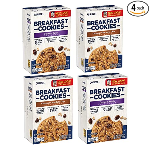Quaker Breakfast Cookies, Oatmeal Raisin and Oatmeal Chocolate Chip Variety Pack, 6 count in single Box (Pack of 4)