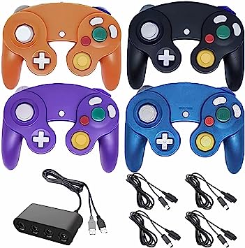 4 Gamecube controllers with 4 extension cables and 4 USB adapters for Switch PC Wii U console (black   purple   orange   blue)