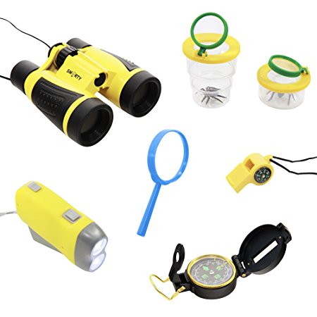 Outdoor Adventure Set for Kids 8 PCS - Binocular, Bug Collector, Flashlight, Compass, Magnifying Glass for Hiking, Camping, Outside Nature and Pretend Play