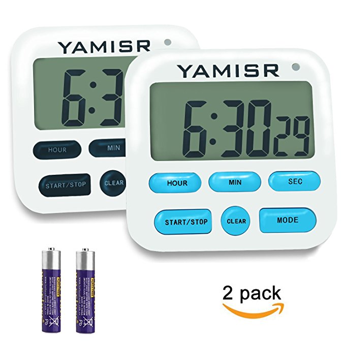Digital Kitchen Timer by YAMISR - Cooking Timers Clock - Loud Alarm/Large LCD Display/Strong Magnet Back/Memory Function/24-Hour Display Clock/Count-Up & Count Down Timer - Battery included - 2 Pack