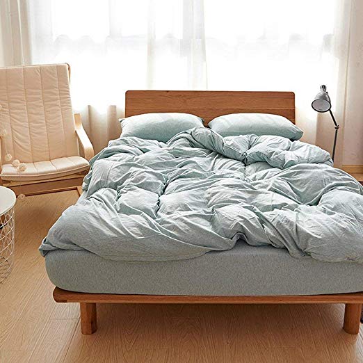 DOUH Jersey Knit Cotton Duvet Cover Queen, Ultra Soft Solid Pattern 3 Pieces Bedding Set Full Comforter Cover and Pillow Shams Aqua Blue Queen Size