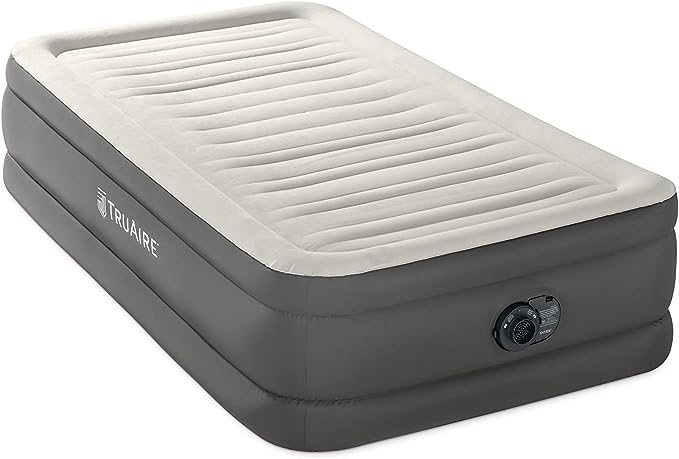 Intex 64091ED TruAire Luxury Air Mattress: Twin Size – Built-in Electric Pump – 18in Bed Height – 300lb Weight Capacity - Gray