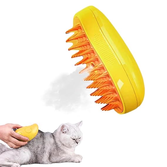 Steamy Cat Brush,4 in 1 Multifunctional Cat Steamy Brush, Self Cleaning Steam Cat Brush for Massage, Silicone Steam Pet Brush for Removing Tangled And Loose Hair (Yellow)