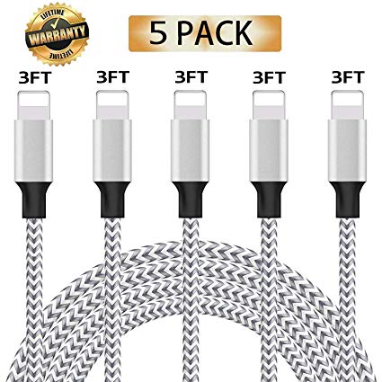 iPhone Charger, MFi Certified iPhone Cable, 5 Pack [3FT] Nylon Braided Fast Charging Cable USB Charger Data Sync Cord Compatible with iPhone 7 7 Plus X 10 Xs Max XS XR 8 8 Plus 6S Plus 6S 6 5S More