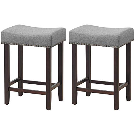 COSTWAY Set of 2 Saddle Stools, 24" H Backless Counter Stools with Foot Plate, Brass Nailhead Studs, Upholstered Sponge Cushion & Solid Rubber Wooden Legs, Contemporary, Classical(24'', Gray)