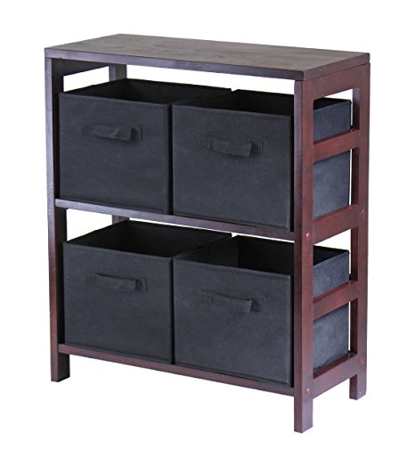 Winsome Wood Capri Wood 2 Section Storage Shelf with 4 Black Fabric Foldable Baskets