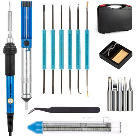 Vastar 60W 110V Adjustable Temperature Welding Soldering Iron with Desoldering Pump, 5pcs Tips, Stand, Anti-static Tweezers and additional Solder Tube, Carry Case for Variously Usage