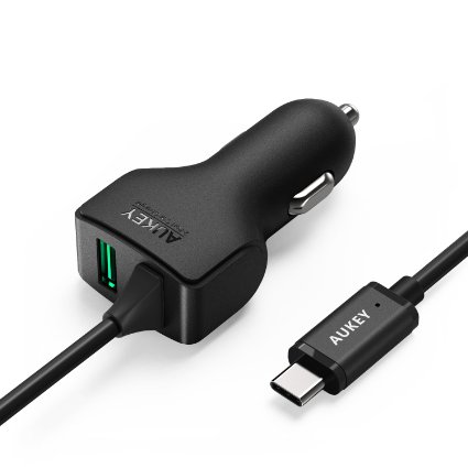 AUKEY Car Charger with AiPower USB-A Port & Attached 3.3ft USB-C Cable for 5V 3A Charging Nexus 5X/6P, HTC 10 & Other USB-C Devices