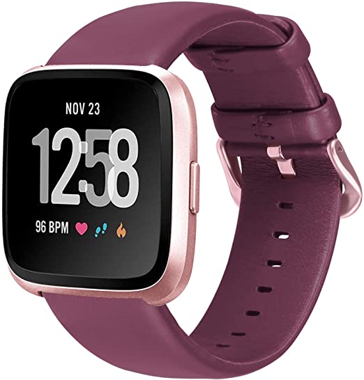 eseekgo Leather Band Compatible with Fitbit Versa/Fitbit Versa 2/ Fitbit Versa Lite for Men Women, Classic Soft Replacement Large Small Straps with Pink Buckle Wristband for Versa 1 (Wine Red)