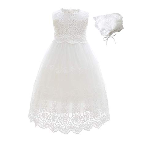 Slowera Baby Girls White Lace Dress Christening Baptism Gowns and Bonnet