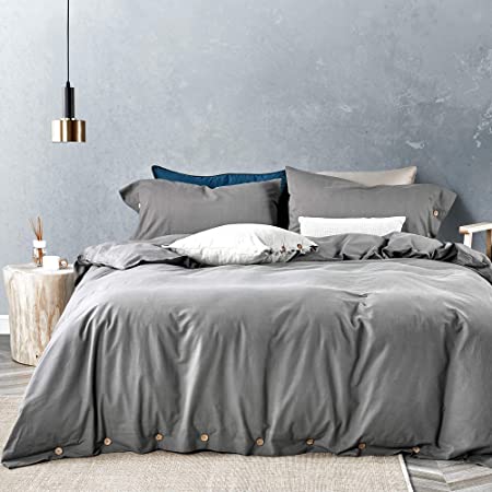 JELLYMONI Grey 100% Washed Cotton Duvet Cover Set, 3 Piece Luxury Soft Bedding Set with Buttons Closure,Solid Gray Color Pattern Duvet Cover Queen Size(No Comforter)