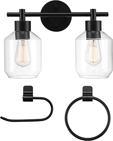 Globe Electric 51850 Cannes 3-Piece Powder Room Set, Matte Black, 2-Light Vanity Light with Clear Glass Shades, Toilet Paper Holder, Towel Ring