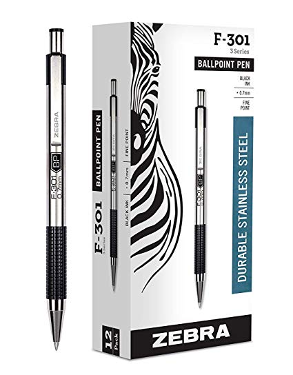 Zebra F-301 Ballpoint Stainless Steel Retractable Pen, Fine Point, 0.7mm, Black Ink (12)