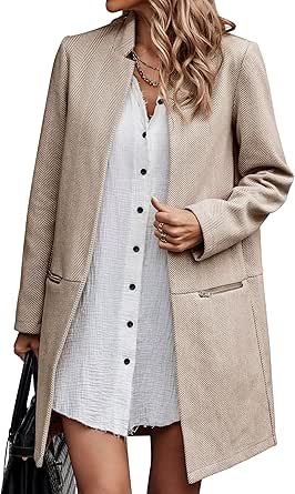 Angashion Women’s Coat, Long Sleeve Stand Collar Cardigan Mid-Long Open Front Outwear Overcoat with Zipper Pockets