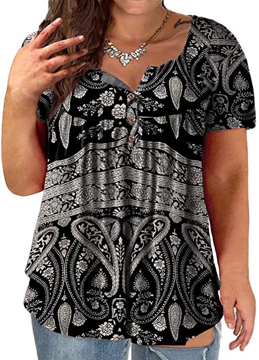 VOGRACE Plus-Size Tops for Women Summer Henley Shirts Flowy Tunics