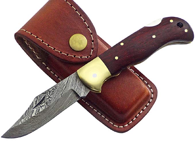 Poshland Knives FN-9035, Custom Handmade Damascus Steel 6.5 Inches Folding Knife - Beautiful Rose Wood Handle with Brass Bolster