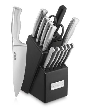 Paksh / Cuisinart Wooden Kitchen Knife Block Set, 15-Piece Stainless Steel • Cutlery set - Chef Knife, Bread Knife, Santoku Knife, Serrated Utility Knife, 2 Paring Knives, Knife Sharpener & Shears