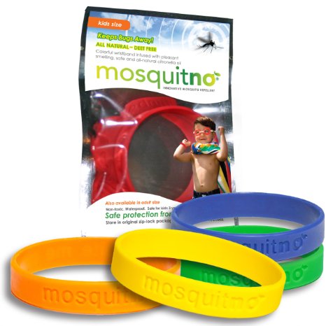 Mosquitno Natural Citronella Waterproof  Mosquito Repellent Wristbands Kids 5-Pack RedOrangeGreenNavyYellow