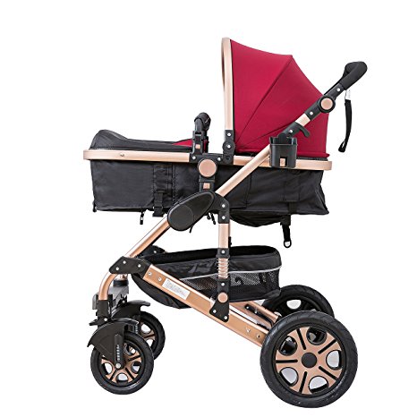 C&AHOME-Adjustable Anti-Shock High View Stroller Baby Carriage Pushchair Pram (Burgundy)
