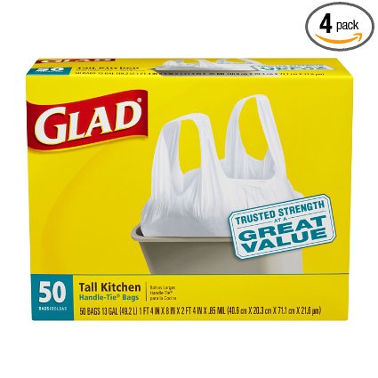Glad Tall Kitchen Handle-Tie Trash Bags, 13 Gallon, 50 Count (Pack of 4)