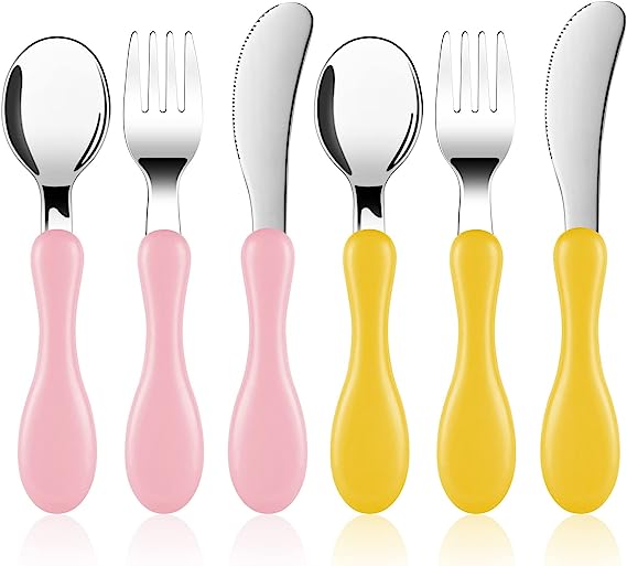 Vicloon Baby Fork and Spoon, 6 PCS Toddler Utensils Spoons Forks Tableware Set, Toddler Utensils Stainless Steel Baby Forks and Spoons, Baby Feeding Cutlery Utensil Weaning Spoon for Kids（Yellow/Pink）