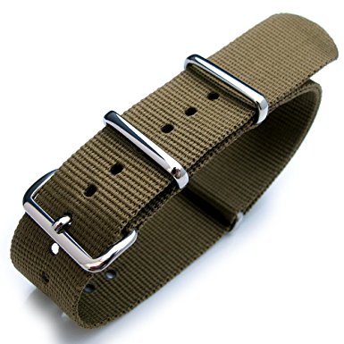 21mm G10 NATO Watch Strap, Heat Sealed Nylon, Polished Buckle, Military Green
