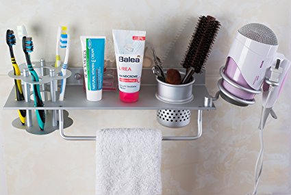 SIFAN Space Aluminum Toothbrush Storage, Multifunctional Wall Mount Bathroom Storage with Towel Bar and Blower Rack