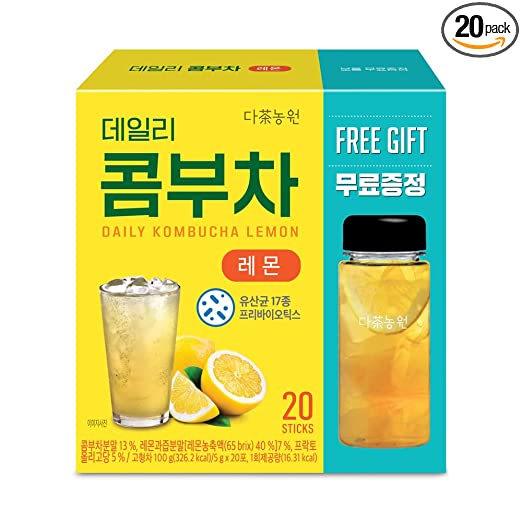 Garden Kombucha Tea, Powder Lemon Flavor, 5g x 20 Sticks Probiotics, Prebiotics, Fat Free, Sugar Free, Diet Tea, Healthy Drink with Bottle (FREE BOTTLE SHAKER)