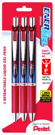 Pentel EnerGel Deluxe RTX Retractable Liquid Gel Pen, 0.5mm, Needle Tip, Red Ink, 3 Pack (BLN75BP3B)