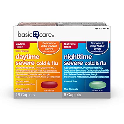 Basic Care Severe Cold & Flu Relief; Daytime and Nighttime Cold and Flu Medicine Combo Pack, 24 Count