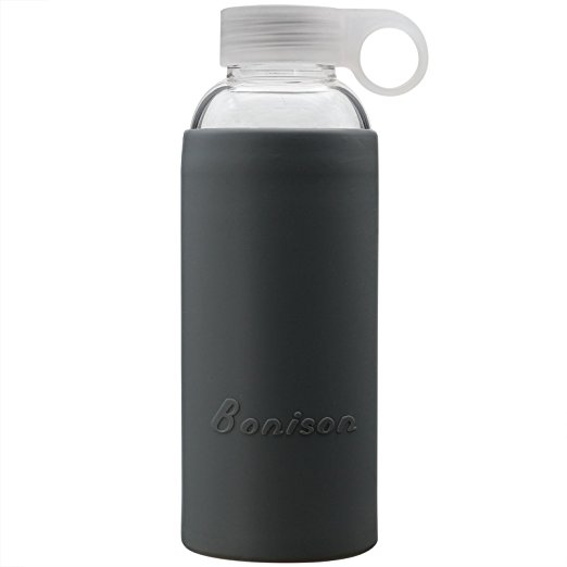 Bonison Durable Glass Water Bottle with Soft Colorful Silicone Sleeve Handle Lid 14 Oz-Grey