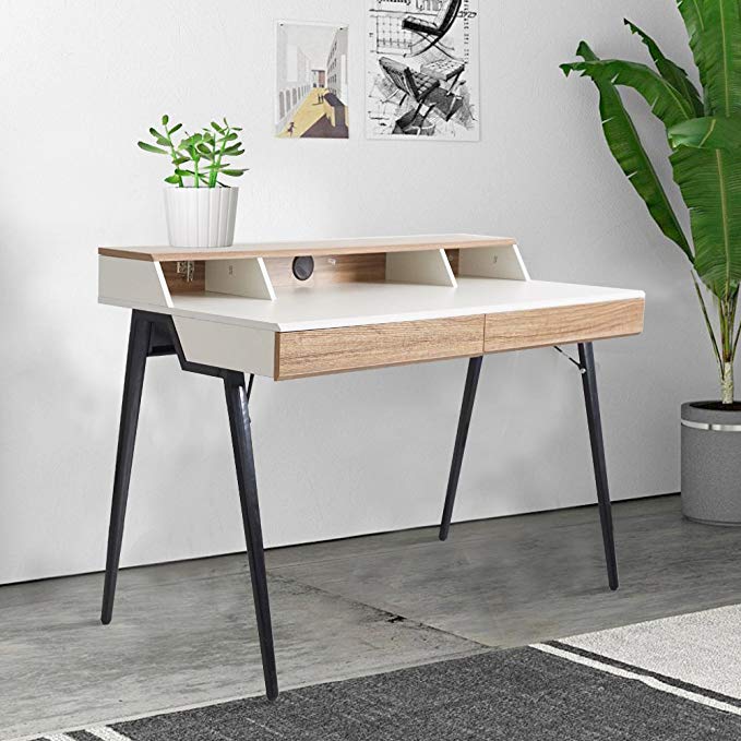 Dporticus 47" Computer Writing Desk with Drawers Wood Table Workstation for Home Office, Metal Leg, Oak and White