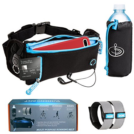 DOB Running Belt Package by 1 Adjustable Belt 2X Reflective Bracelets 1 Detachable Bottle Holder Perfect for Travelling Skiing Camping Biking Jogging Cycling Fits all iPhone and Samsung