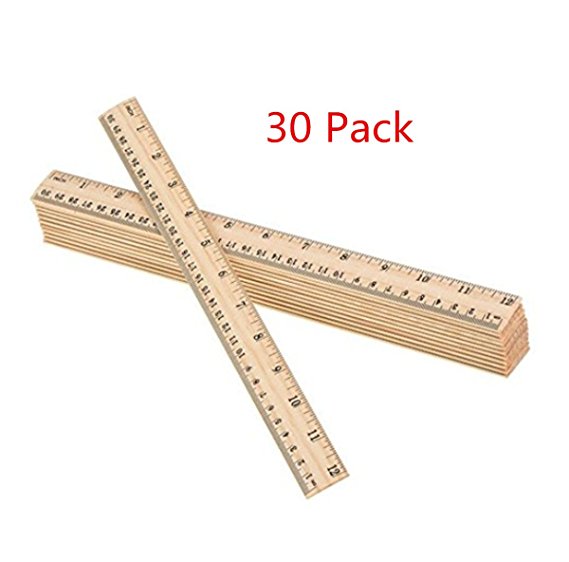ASIBT 30 Pack Wooden Rulers Student Rulers Wood School Rulers Measuring Ruler Office Rulers,2 Scale,30 cm and 12 Inch