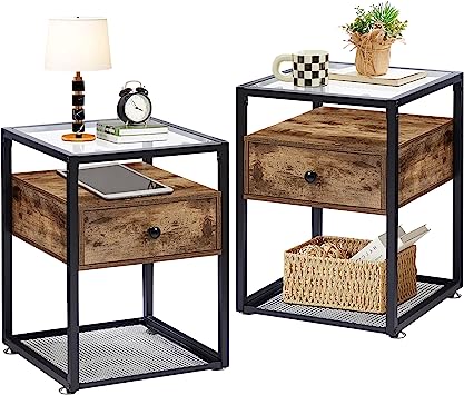 VECELO End Tables, Drawer Open Storage Shelf and Metal Frame,Set of 2 for Living Room,Bedroom,Lounge,Rustic Brown, Nightstand with Glass Surface