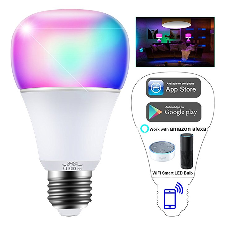 WiFi Smart Light Bulb Intelligent Lights 5W RGBW Color Changing Dimmable LED Bulbs with Timer Smartphone App Control Lamp Work with Amazon Alexa Echo Dot / Google Home No Hub Required