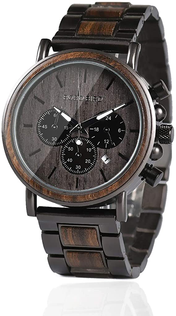 Mens Wooden Watches Business Casual Wristwatches Stylish Ebony Wood & Stainless Steel Combined Chronograph