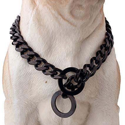 W&W Lifetime Durable Walking Dog Training Collar Black Strong Stainless Steel Cuban Link Chain 15mm for Pitbull German Shepherd and Large Dogs