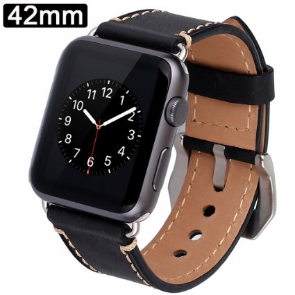 Apple Watch Band, 42mm iWatch Strap Premium Vintage Crazy Horse Genuine Leather Replacement Watchband with Stainless Metal Clasp for All Apple Watch Sport Edition (42MM black)