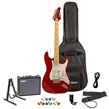 Sawtooth Candy Apple Red Electric Guitar with Pearl White Pickguard, Amp, Gig Bag